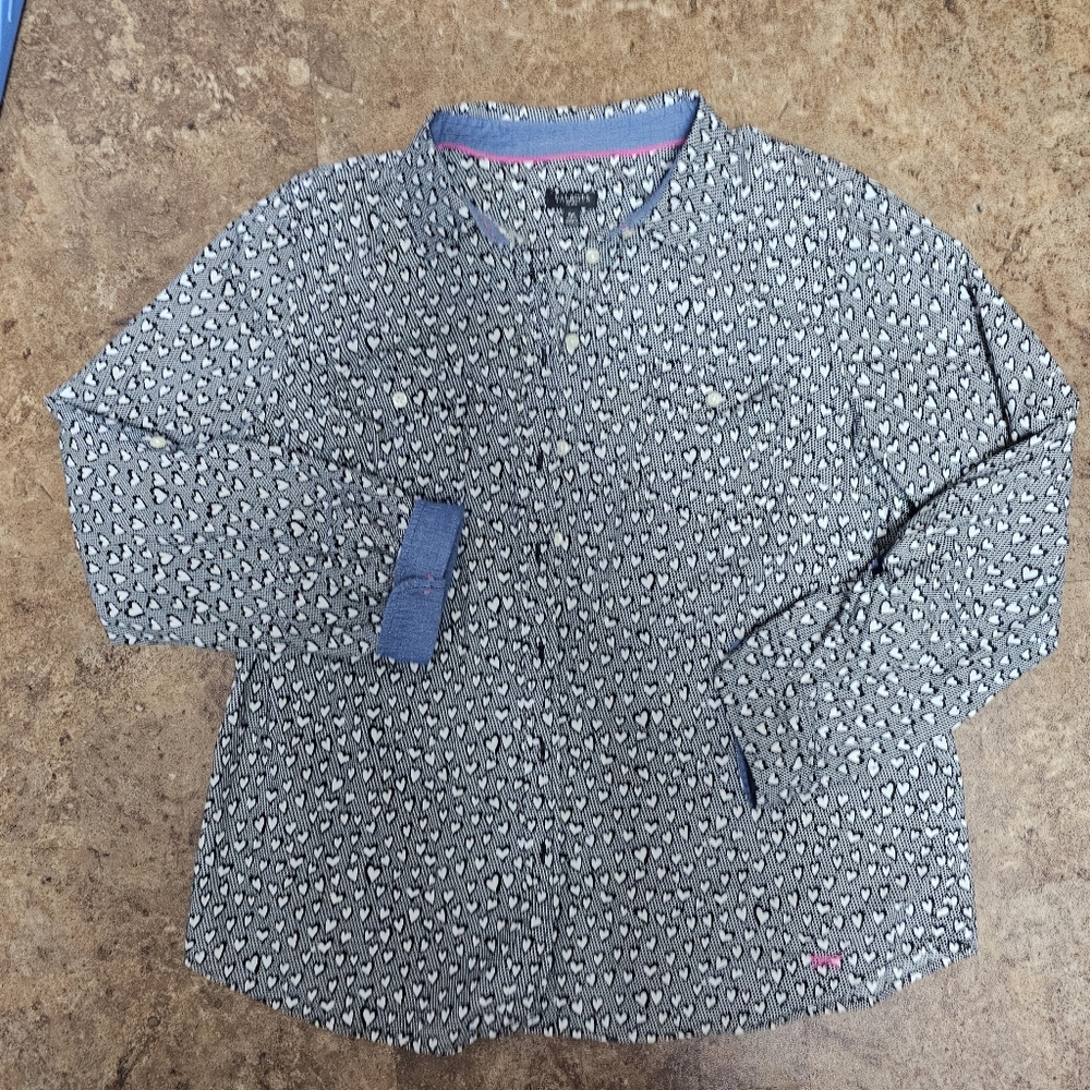 Talbots Black And White Heart Print Roll Tab Sleeve‎ Button Down Shirt Size 16P